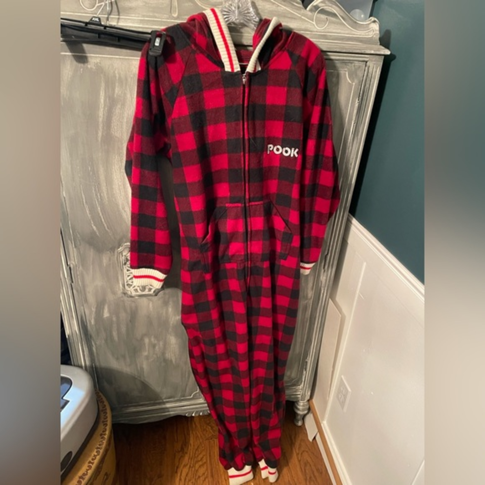 Pook One Piece Pajamas Pjs Medium‎ Buffalo Plaid Trapped Door Christmas Hooded